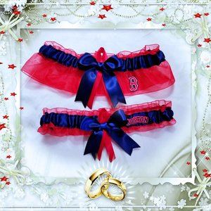 NWOT Hand Made Red Sox Baseball Wedding Garter Set, Organza, Satin Ribbon Bow